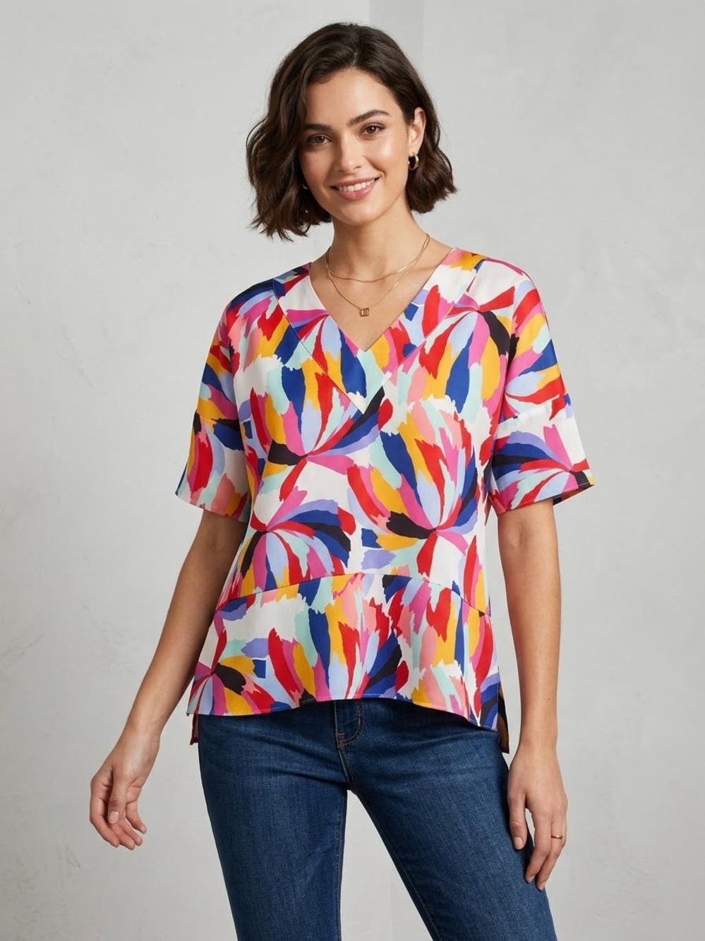 CROSBY by Mollie Burch V-Neck Peplum Top Abstract Brushstroke Floral